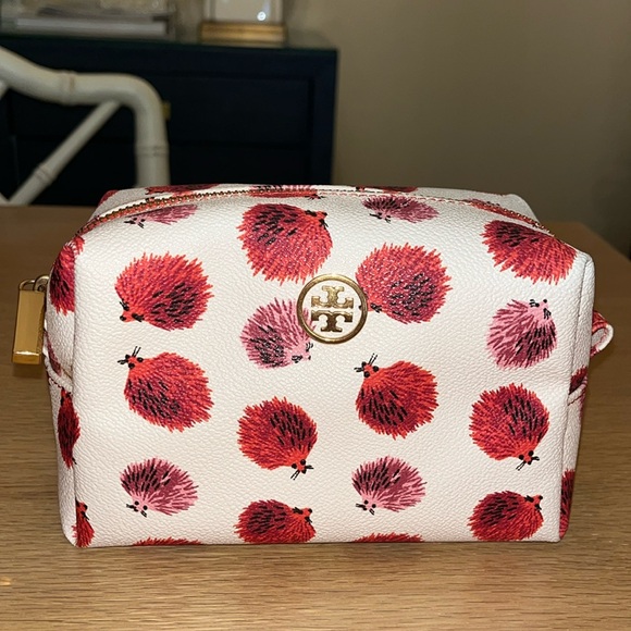 Tory Burch White Hedgehog Zip Makeup Cosmetic Case Bag Never Used Pink Red Gold - Picture 10 of 10
